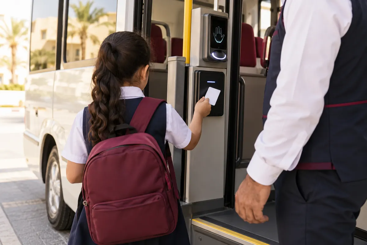 Child using a card reader to board a bus, face not shown