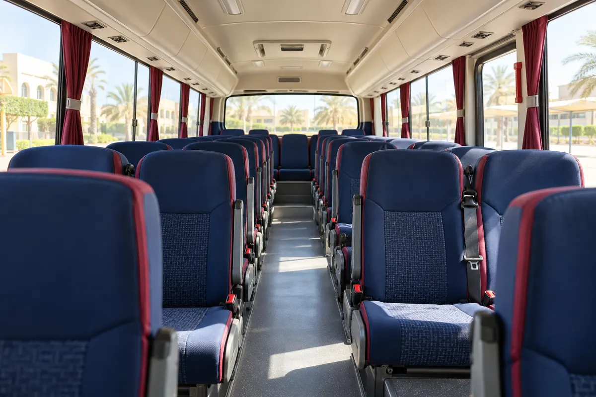Empty bus interior after a post-trip check