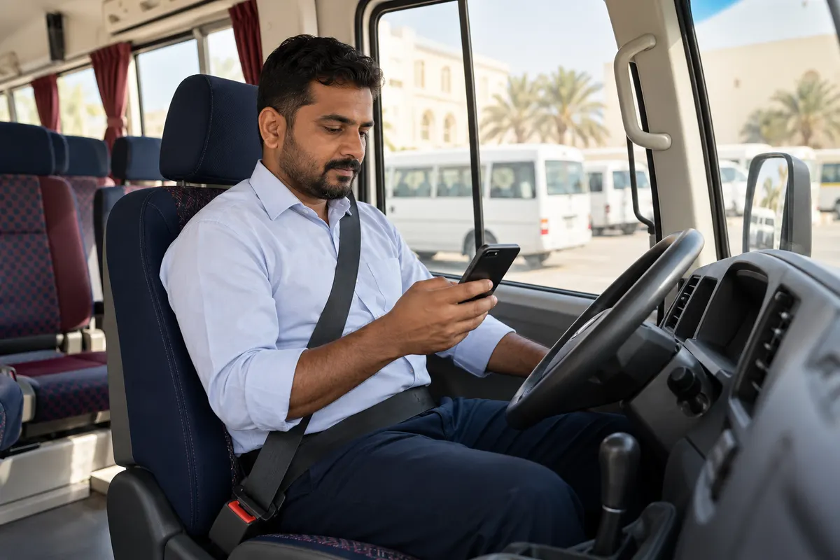 Driver checking the app in a parked bus