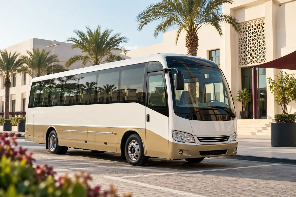 GCC-style school bus outside a school